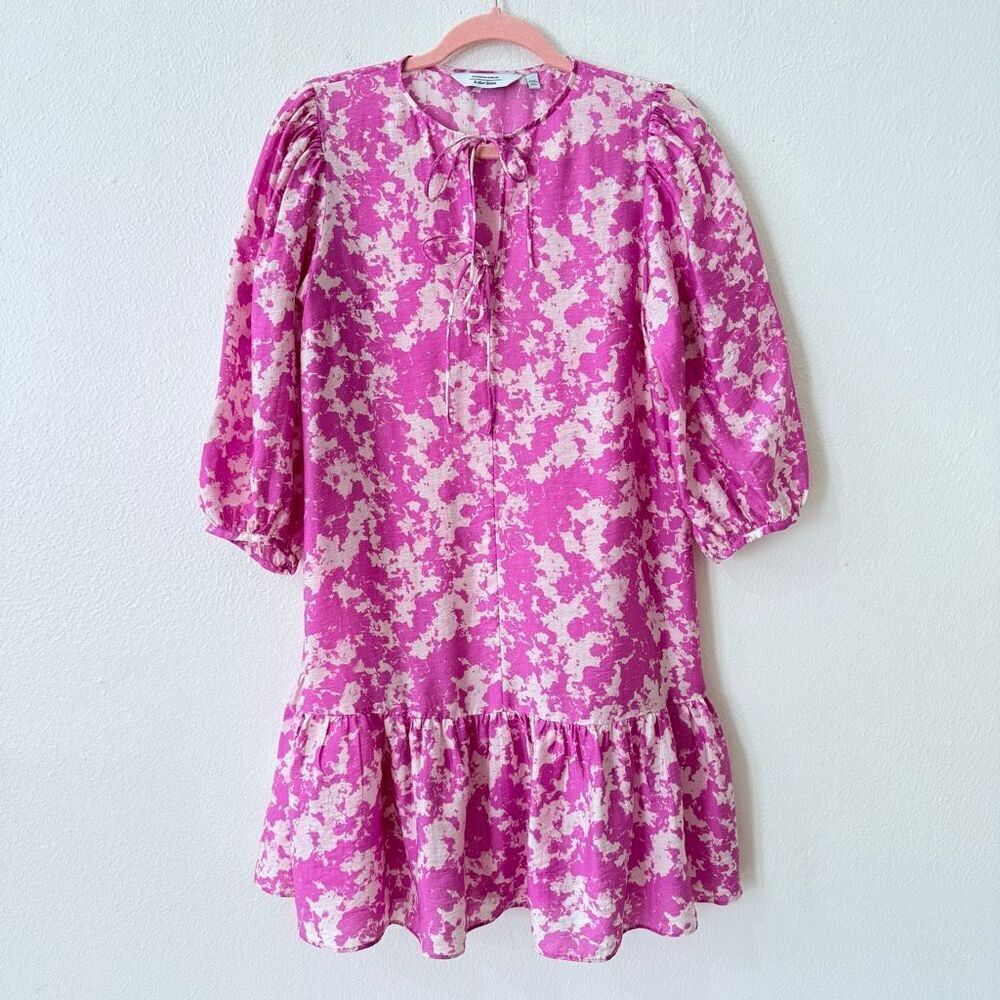 & Other Stories Stockholm Women's Size XS Pink White Loose Fit Puff Sleeve Mini